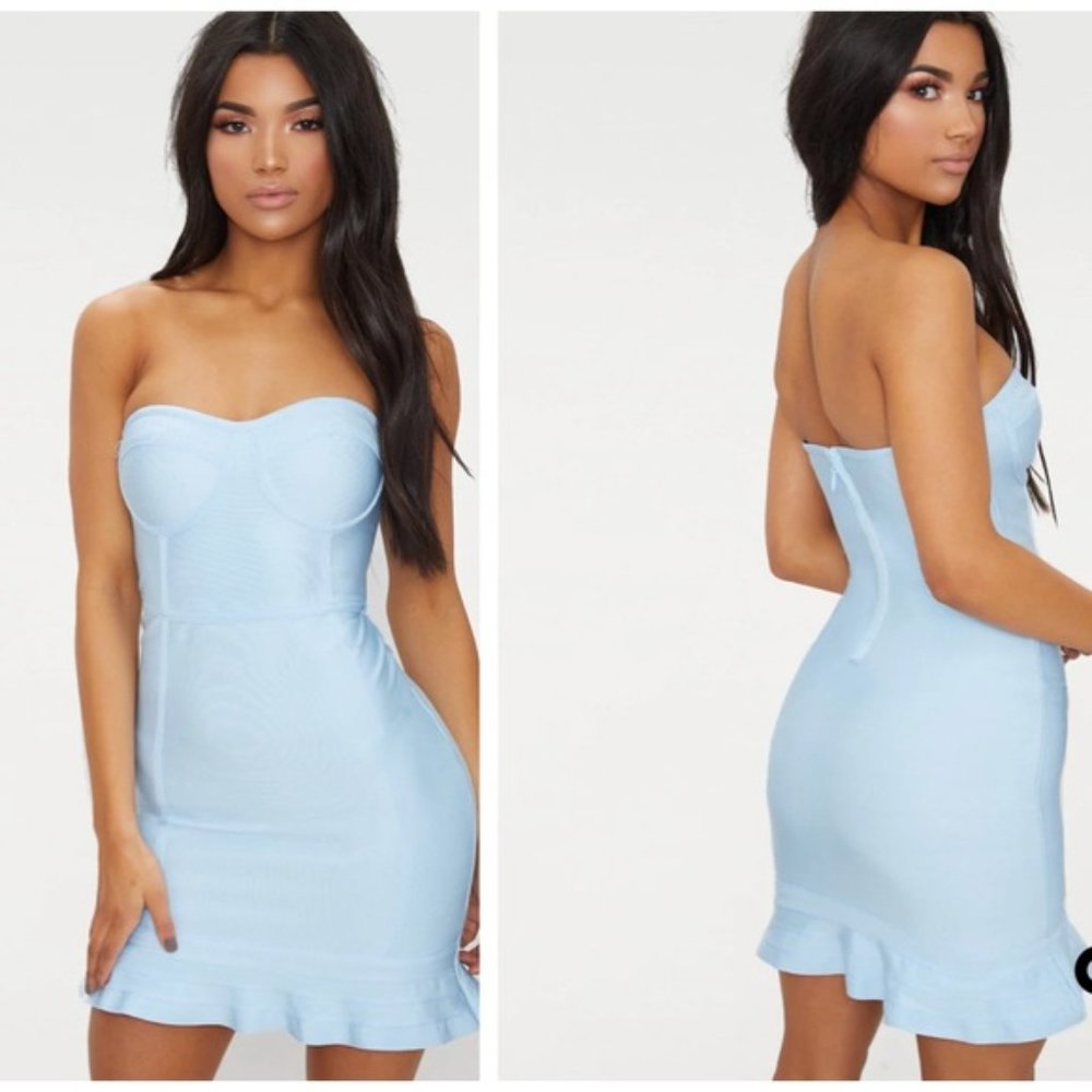 Pretty Little Thing Dusty Blue Bandage Frill Hem Dress